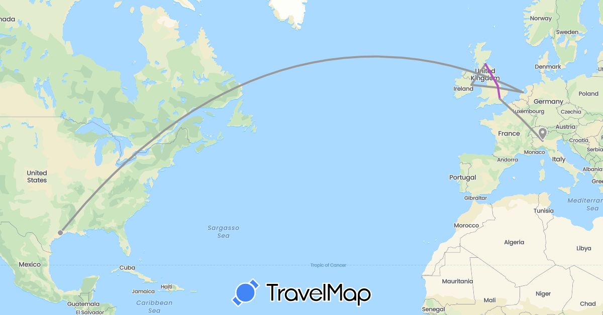 TravelMap itinerary: driving, plane, train in United Kingdom, Ireland, Italy, Netherlands, United States (Europe, North America)
